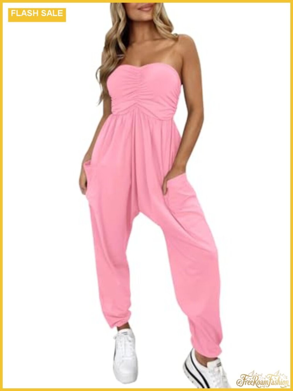 Strapless Jumpsuit Romper for Women Cotton Casual Loose One Piece with Pockets